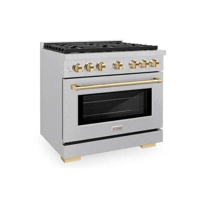 ZLINE Autograph Edition 36 in. 5.2 cu. ft. Paramount Gas Range with 6 Burner Cooktop and Convection Gas Oven in DuraSnow® Stainless Steel and Polished Gold Accents (SGRSZ-36-G)