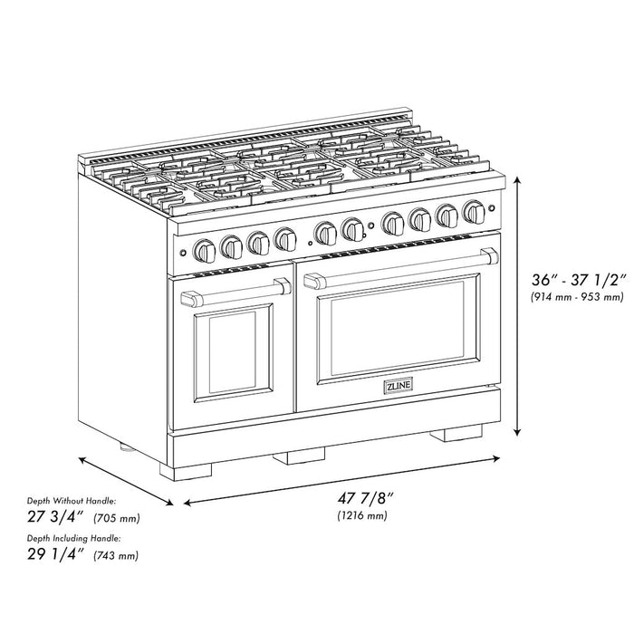 ZLINE Autograph Edition 48 in. 6.7 cu. ft. Paramount Double Oven Gas Range with 8 Burner Cooktop in DuraSnow® Stainless Steel and Champagne Bronze Accents (SGRSZ-48-CB)