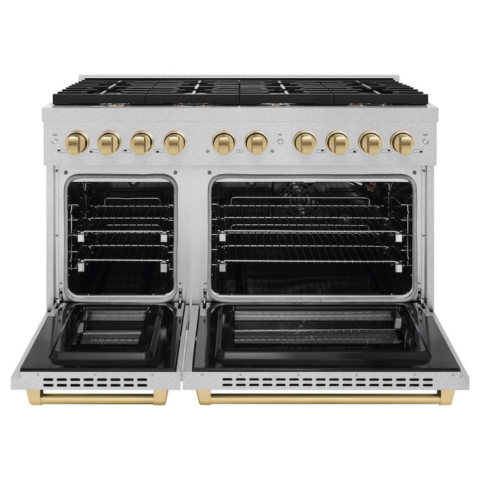 ZLINE Autograph Edition 48 in. 6.7 cu. ft. Paramount Double Oven Gas Range with 8 Burner Cooktop in DuraSnow® Stainless Steel and Champagne Bronze Accents (SGRSZ-48-CB)