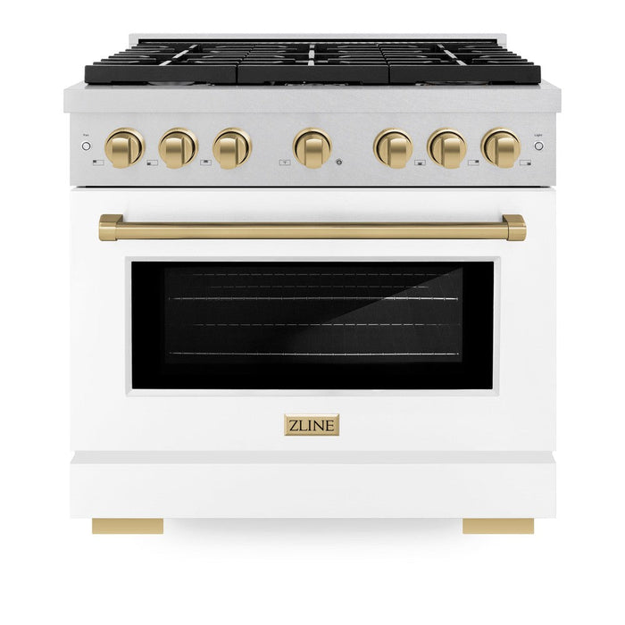 ZLINE Autograph Edition 36 in. 5.2 cu. ft. Paramount Dual Fuel Range with 6 Burner Gas Cooktop and Electric Convection Oven in DuraSnow® Stainless Steel with White Matte Door and Champagne Bronze Accents (SDRSZ-WM-36-CB)