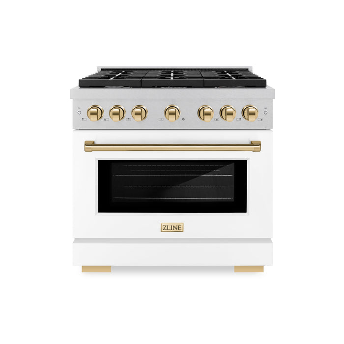 ZLINE Autograph Edition 36 in. 5.2 cu. ft. Paramount Dual Fuel Range with 6 Burner Gas Cooktop and Electric Convection Oven in DuraSnow® Stainless Steel with White Matte Door and Polished Gold Accents (SDRSZ-WM-36-G)