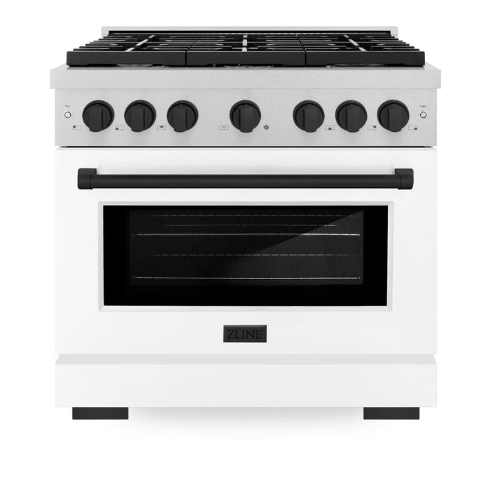 ZLINE Autograph Edition 36 in. 5.2 cu. ft. Paramount Dual Fuel Range with 6 Burner Gas Cooktop and Electric Convection Oven in DuraSnow® Stainless Steel with White Matte Door and Matte Black Accents (SDRSZ-WM-36-MB)