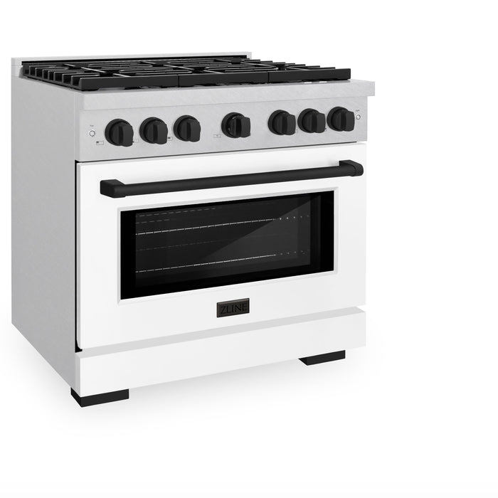 ZLINE Autograph Edition 36 in. 5.2 cu. ft. Paramount Dual Fuel Range with 6 Burner Gas Cooktop and Electric Convection Oven in DuraSnow® Stainless Steel with White Matte Door and Matte Black Accents (SDRSZ-WM-36-MB)