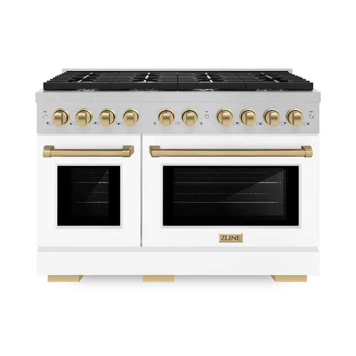 ZLINE Autograph Edition 48 in. 6.7 cu. ft. Paramount Double Oven Dual Fuel Range with 8 Burner Gas Cooktop in DuraSnow® Stainless Steel with White Matte Doors and Champagne Bronze Accents (SDRSZ-WM-48-CB)