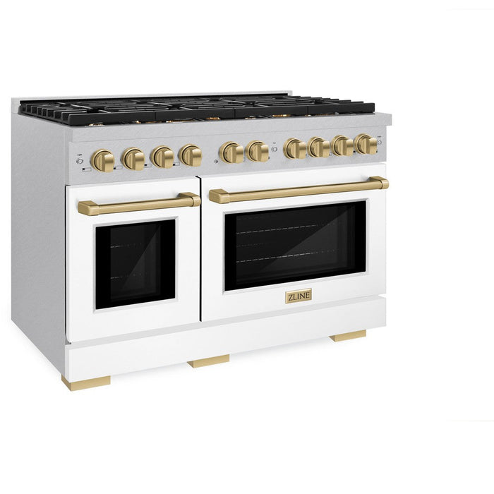 ZLINE Autograph Edition 48 in. 6.7 cu. ft. Paramount Double Oven Dual Fuel Range with 8 Burner Gas Cooktop in DuraSnow® Stainless Steel with White Matte Doors and Champagne Bronze Accents (SDRSZ-WM-48-CB)