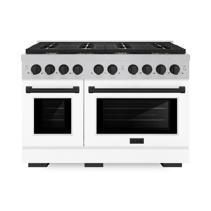 ZLINE Autograph Edition 48 in. 6.7 cu. ft. Paramount Double Oven Dual Fuel Range with 8 Burner Gas Cooktop in DuraSnow® Stainless Steel with White Matte Doors and Matte Black Accents (SDRSZ-WM-48-MB)