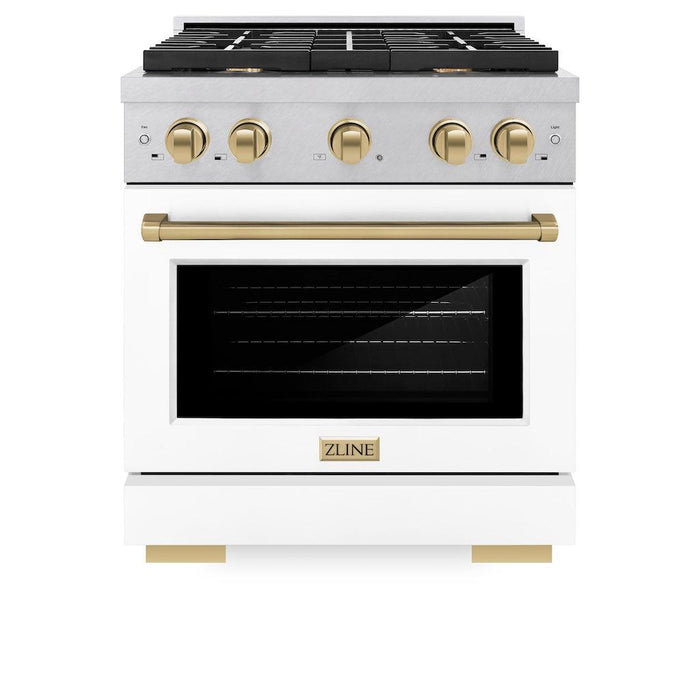 ZLINE Autograph Edition 30 in. 4.2 cu. ft. Paramount Gas Range with 4 Burner Cooktop and Convection Gas Oven in DuraSnow® Stainless Steel with White Matte Door and Champagne Bronze Accents (SGRSZ-WM-30-CB)