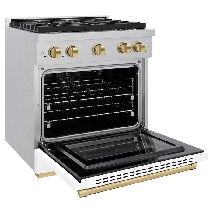 ZLINE Autograph Edition 30 in. 4.2 cu. ft. Paramount Gas Range with 4 Burner Cooktop and Convection Gas Oven in DuraSnow® Stainless Steel with White Matte Door and Champagne Bronze Accents (SGRSZ-WM-30-CB)