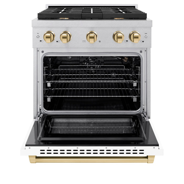 ZLINE Autograph Edition 30 in. 4.2 cu. ft. 4 Burner Gas Range with Convection Gas Oven in DuraSnow® Stainless Steel with White Matte Door and Polished Gold Accents (SGRSZ-WM-30-G)