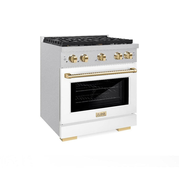 ZLINE Autograph Edition 30 in. 4.2 cu. ft. 4 Burner Gas Range with Convection Gas Oven in DuraSnow® Stainless Steel with White Matte Door and Polished Gold Accents (SGRSZ-WM-30-G)