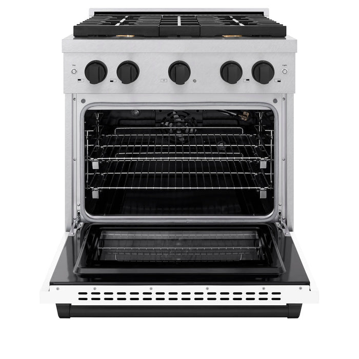 ZLINE Autograph Edition 30 in. 4.2 cu. ft. Paramount Gas Range with 4 Burner Cooktop and Convection Gas Oven in DuraSnow® Stainless Steel with White Matte Door and Matte Black Accents (SGRSZ-WM-30-MB)