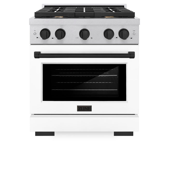 ZLINE Autograph Edition 30 in. 4.2 cu. ft. Paramount Gas Range with 4 Burner Cooktop and Convection Gas Oven in DuraSnow® Stainless Steel with White Matte Door and Matte Black Accents (SGRSZ-WM-30-MB)