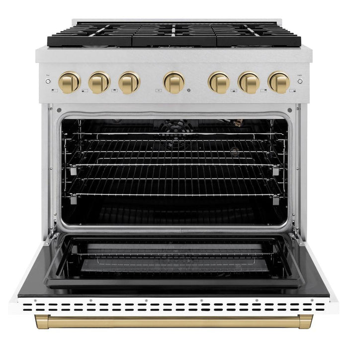 ZLINE Autograph Edition 36 in. 5.2 cu. ft. Paramount Gas Range with 6 Burner Cooktop and Convection Gas Oven in DuraSnow® Stainless Steel with White Matte Door and Champagne Bronze Accents (SGRSZ-WM-36-CB)