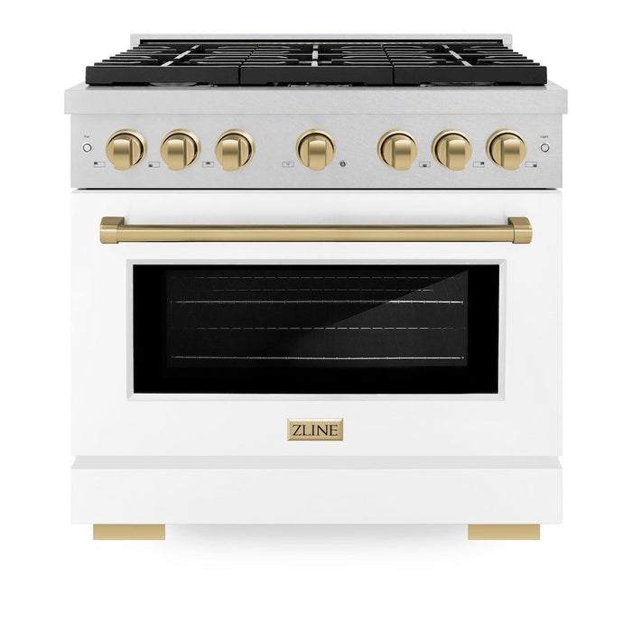 ZLINE Autograph Edition 36 in. 5.2 cu. ft. Paramount Gas Range with 6 Burner Cooktop and Convection Gas Oven in DuraSnow® Stainless Steel with White Matte Door and Champagne Bronze Accents (SGRSZ-WM-36-CB)