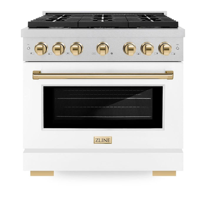 ZLINE Autograph Edition 36 in. 5.2 cu. ft. Paramount Gas Range with 6 Burner Cooktop and Convection Gas Oven in DuraSnow® Stainless Steel with White Matte Door and Polished Gold Accents (SGRSZ-WM-36-G)