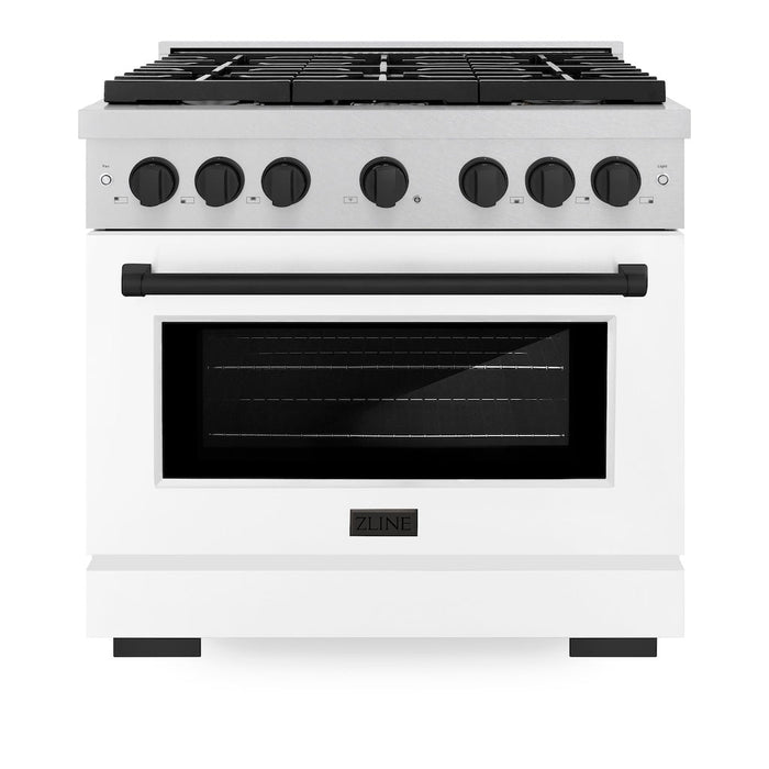 ZLINE Autograph Edition 36 in. 5.2 cu. ft. Paramount Gas Range with 6 Burner Cooktop and Convection Gas Oven in DuraSnow® Stainless Steel with White Matte Door and Matte Black Accents (SGRSZ-WM-36-MB)