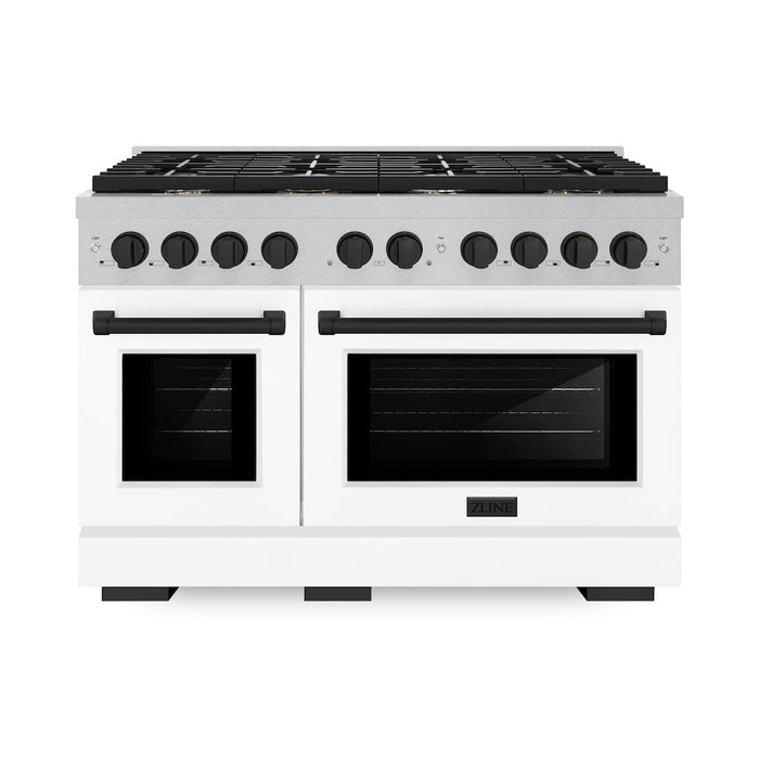 ZLINE Autograph Edition 48 in. 6.7 cu. ft. Paramount Double Oven Gas Range with 8 Burner Cooktop in DuraSnow® Stainless Steel with White Matte Doors and Matte Black Accents (SGRSZ-WM-48-MB)