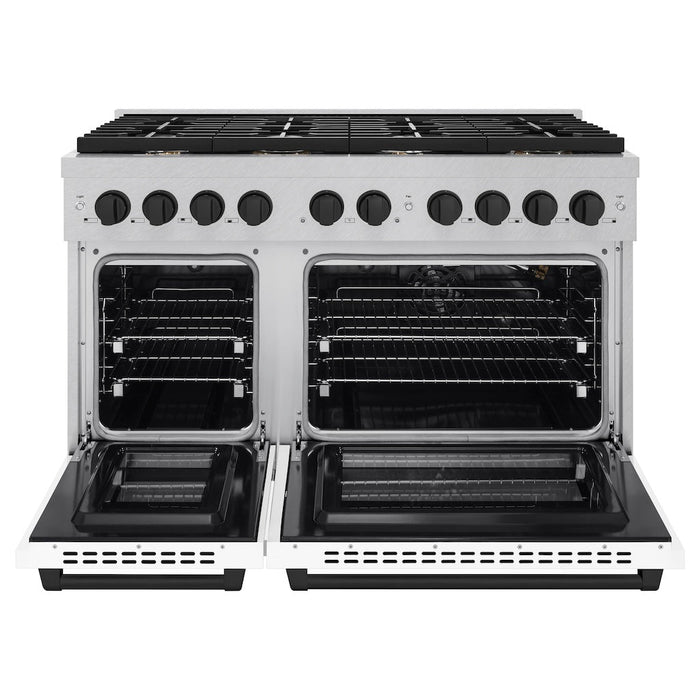 ZLINE Autograph Edition 48 in. 6.7 cu. ft. Paramount Double Oven Gas Range with 8 Burner Cooktop in DuraSnow® Stainless Steel with White Matte Doors and Matte Black Accents (SGRSZ-WM-48-MB)