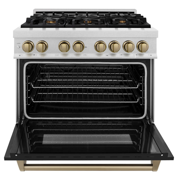 ZLINE Autograph Edition 36 in. 4.6 cu. ft. Legacy Dual Fuel Range with 6 Burner Gas Cooktop and Electric Convection Oven in DuraSnow® Stainless Steel with Black Matte Door and Champagne Bronze Accents (RASZ-BLM-36-CB)