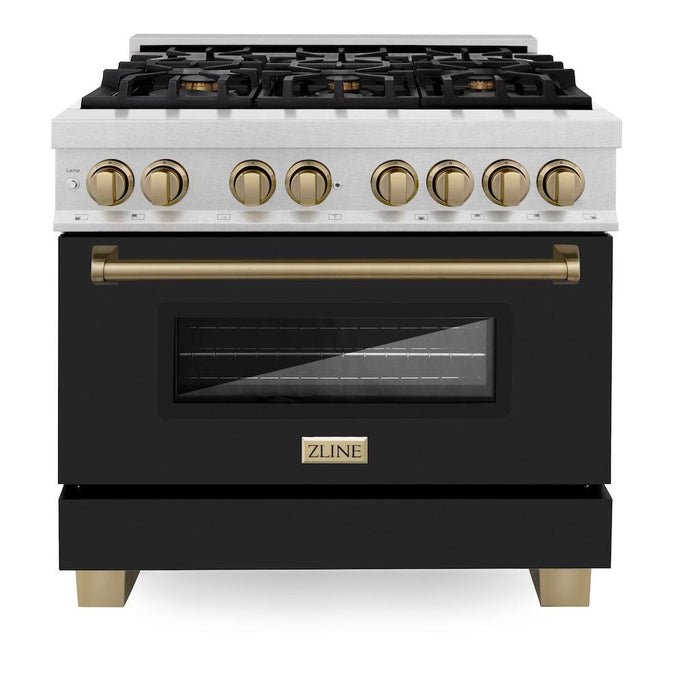 ZLINE Autograph Edition 36 in. 4.6 cu. ft. Legacy Dual Fuel Range with 6 Burner Gas Cooktop and Electric Convection Oven in DuraSnow® Stainless Steel with Black Matte Door and Champagne Bronze Accents (RASZ-BLM-36-CB)