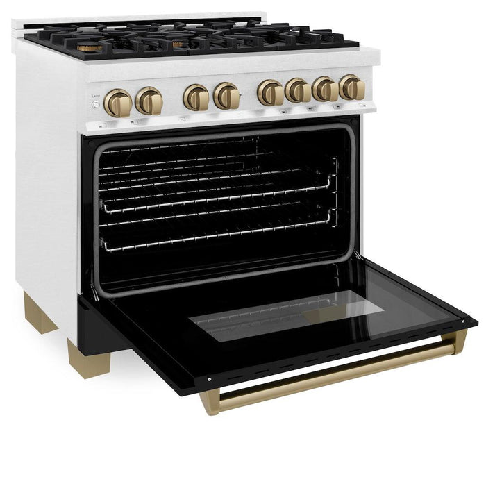 ZLINE Autograph Edition 36 in. 4.6 cu. ft. Legacy Dual Fuel Range with 6 Burner Gas Cooktop and Electric Convection Oven in DuraSnow® Stainless Steel with Black Matte Door and Champagne Bronze Accents (RASZ-BLM-36-CB)