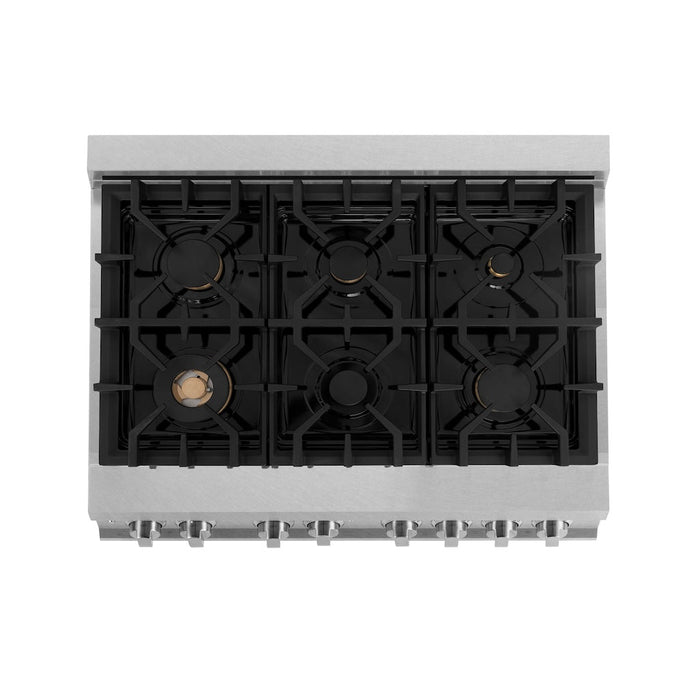 ZLINE Autograph Edition 36 in. 4.6 cu. ft. Legacy Dual Fuel Range with 6 Burner Gas Cooktop and Electric Convection Oven in DuraSnow® Stainless Steel with Black Matte Door and Champagne Bronze Accents (RASZ-BLM-36-CB)