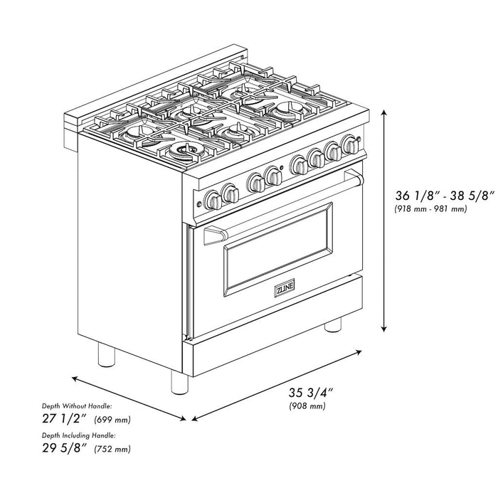 ZLINE Autograph Edition 36 in. 4.6 cu. ft. Legacy Dual Fuel Range with 6 Burner Gas Cooktop and Electric Convection Oven in DuraSnow® Stainless Steel with Black Matte Door and Polished Gold Accents (RASZ-BLM-36-G)