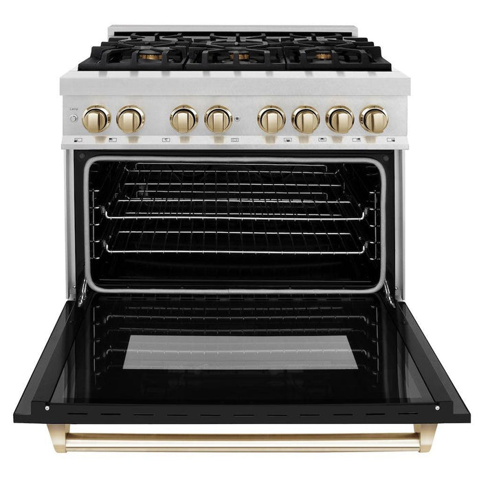 ZLINE Autograph Edition 36 in. 4.6 cu. ft. Legacy Dual Fuel Range with 6 Burner Gas Cooktop and Electric Convection Oven in DuraSnow® Stainless Steel with Black Matte Door and Polished Gold Accents (RASZ-BLM-36-G)