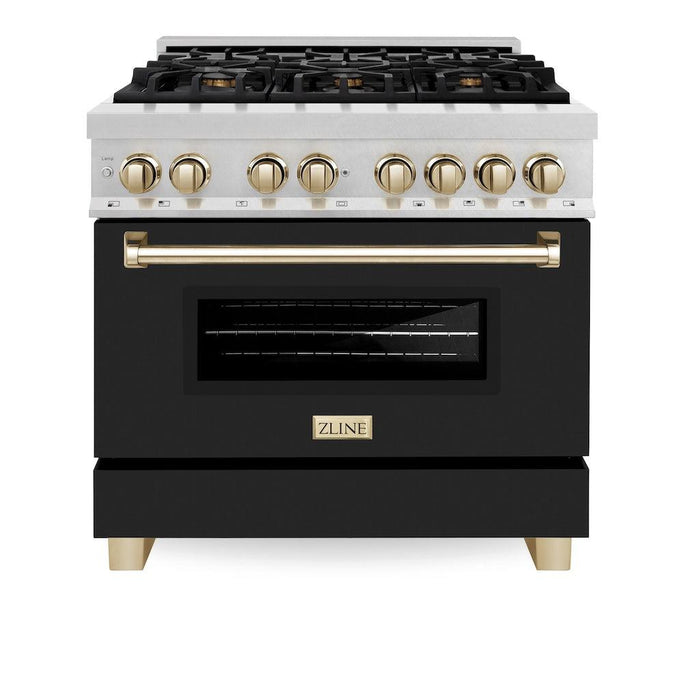 ZLINE Autograph Edition 36 in. 4.6 cu. ft. Legacy Dual Fuel Range with 6 Burner Gas Cooktop and Electric Convection Oven in DuraSnow® Stainless Steel with Black Matte Door and Polished Gold Accents (RASZ-BLM-36-G)