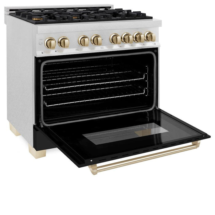 ZLINE Autograph Edition 36 in. 4.6 cu. ft. Legacy Dual Fuel Range with 6 Burner Gas Cooktop and Electric Convection Oven in DuraSnow® Stainless Steel with Black Matte Door and Polished Gold Accents (RASZ-BLM-36-G)