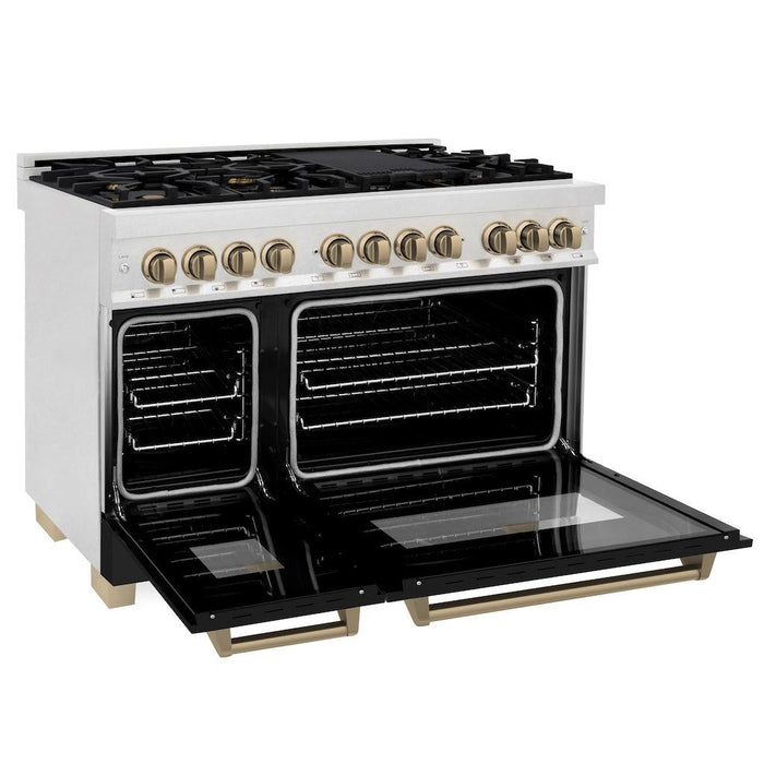 ZLINE Autograph Edition 48 in. 6.0 cu. ft. Legacy Dual Fuel Range with 7 Burner Gas Cooktop and 2 Electric Ovens in DuraSnow® Stainless Steel with Black Matte Doors and Champagne Bronze Accents (RASZ-BLM-48-CB)