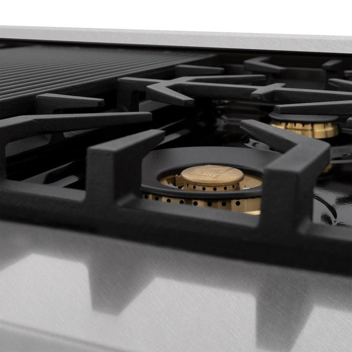 ZLINE Autograph Edition 48 in. 6.0 cu. ft. Legacy Dual Fuel Range with 7 Burner Gas Cooktop and 2 Electric Ovens in DuraSnow® Stainless Steel with Black Matte Doors and Polished Gold Accents (RASZ-BLM-48-G)