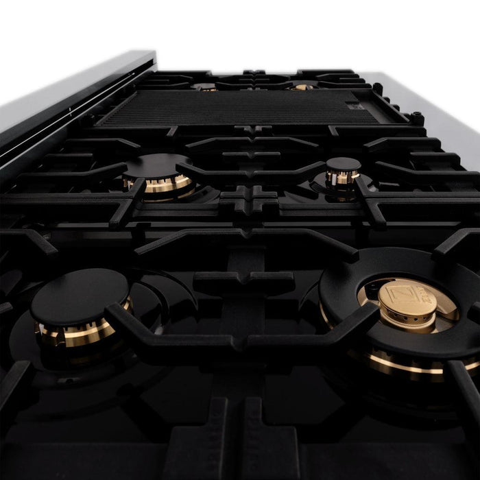 ZLINE Autograph Edition 48 in. 6.0 cu. ft. Legacy Dual Fuel Range with 7 Burner Gas Cooktop and 2 Electric Ovens in DuraSnow® Stainless Steel with Black Matte Doors and Polished Gold Accents (RASZ-BLM-48-G)