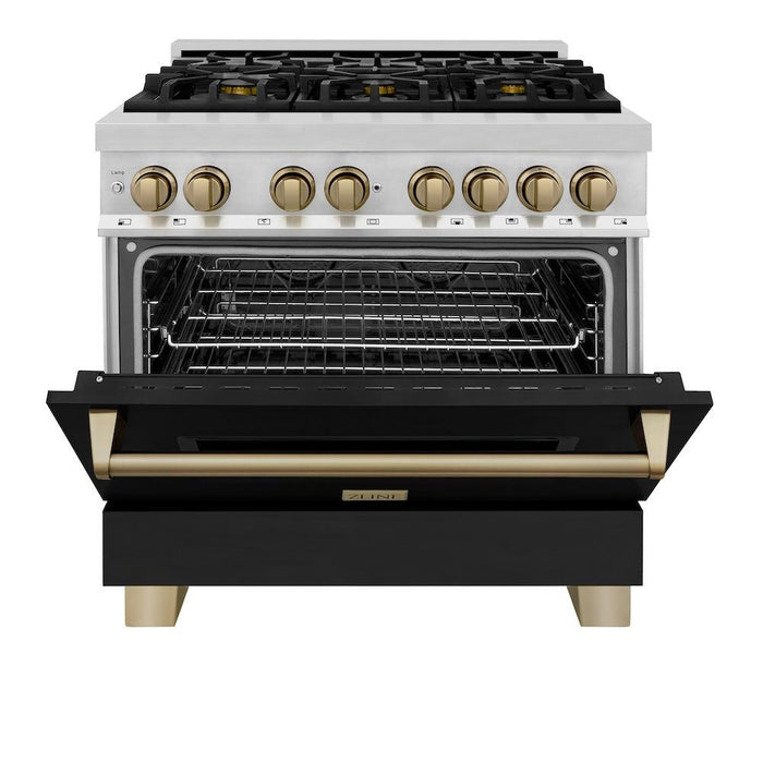 ZLINE Autograph Edition 36 in. 4.6 cu. ft. Legacy Dual Fuel Range with 6 Burner Gas Cooktop and Electric Convection Oven in Stainless Steel with Black Matte Door and Champagne Bronze Accents (RAZ-BLM-36-CB)