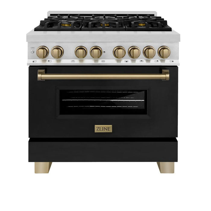 ZLINE Autograph Edition 36 in. 4.6 cu. ft. Legacy Dual Fuel Range with 6 Burner Gas Cooktop and Electric Convection Oven in Stainless Steel with Black Matte Door and Champagne Bronze Accents (RAZ-BLM-36-CB)