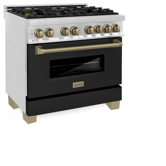 ZLINE Autograph Edition 36 in. 4.6 cu. ft. Legacy Dual Fuel Range with 6 Burner Gas Cooktop and Electric Convection Oven in Stainless Steel with Black Matte Door and Champagne Bronze Accents (RAZ-BLM-36-CB)