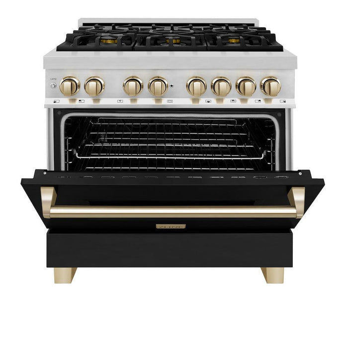 ZLINE Autograph Edition 36 in. 4.6 cu. ft. Legacy Dual Fuel Range with 6 Burner Gas Cooktop and Electric Convection Oven in Stainless Steel with Black Matte Door and Polished Gold Accents (RAZ-BLM-36-G)