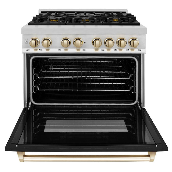 ZLINE Autograph Edition 36 in. 4.6 cu. ft. Legacy Dual Fuel Range with 6 Burner Gas Cooktop and Electric Convection Oven in Stainless Steel with Black Matte Door and Polished Gold Accents (RAZ-BLM-36-G)