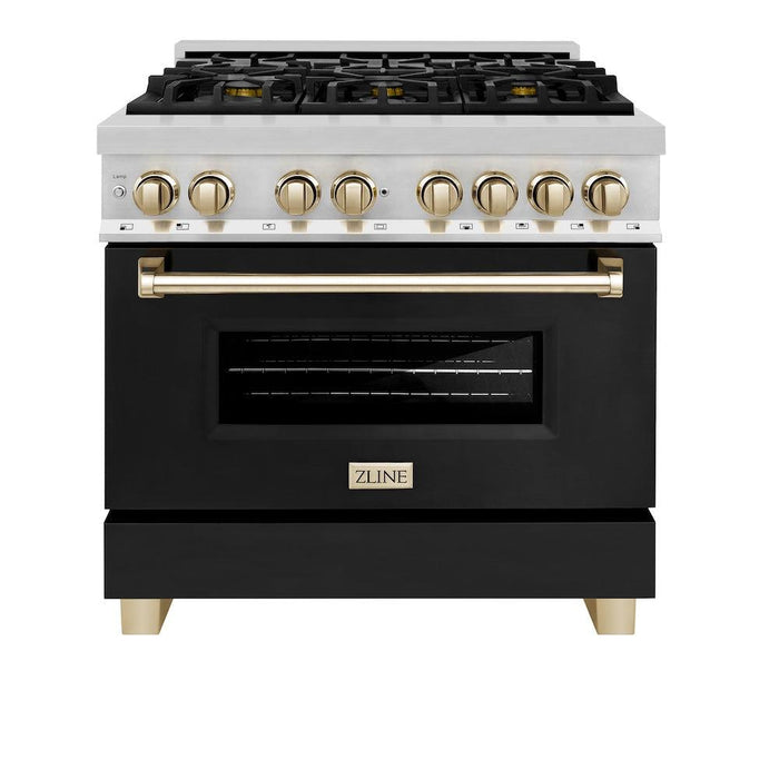 ZLINE Autograph Edition 36 in. 4.6 cu. ft. Legacy Dual Fuel Range with 6 Burner Gas Cooktop and Electric Convection Oven in Stainless Steel with Black Matte Door and Polished Gold Accents (RAZ-BLM-36-G)