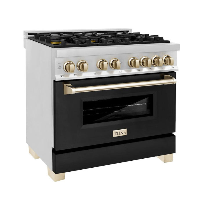 ZLINE Autograph Edition 36 in. 4.6 cu. ft. Legacy Dual Fuel Range with 6 Burner Gas Cooktop and Electric Convection Oven in Stainless Steel with Black Matte Door and Polished Gold Accents (RAZ-BLM-36-G)