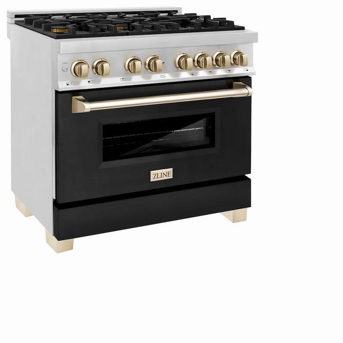 ZLINE Autograph Edition 36 in. 4.6 cu. ft. Legacy Dual Fuel Range with 6 Burner Gas Cooktop and Electric Convection Oven in Stainless Steel with Black Matte Door and Polished Gold Accents (RAZ-BLM-36-G)