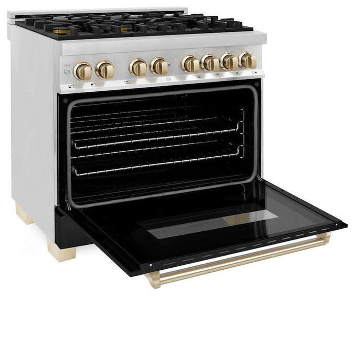 ZLINE Autograph Edition 36 in. 4.6 cu. ft. Legacy Dual Fuel Range with 6 Burner Gas Cooktop and Electric Convection Oven in Stainless Steel with Black Matte Door and Polished Gold Accents (RAZ-BLM-36-G)