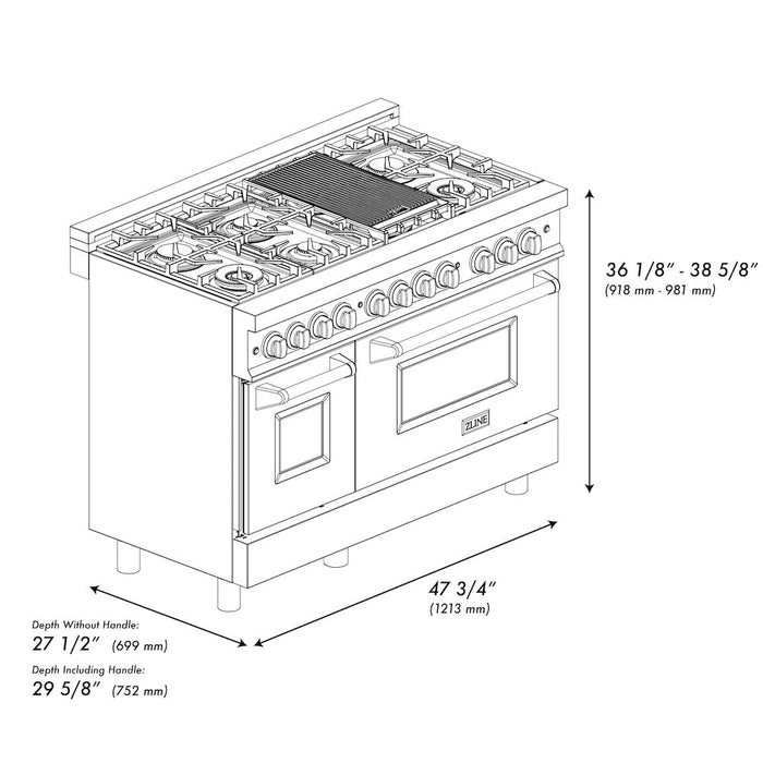 ZLINE Autograph Edition 48 in. 6.0 cu. ft. Legacy Dual Fuel Range with 7 Burner Gas Cooktop and 2 Electric Ovens in Stainless Steel with Black Matte Doors and Champagne Bronze Accents (RAZ-BLM-48-CB)