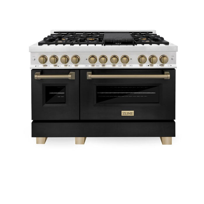 ZLINE Autograph Edition 48 in. 6.0 cu. ft. Legacy Dual Fuel Range with 7 Burner Gas Cooktop and 2 Electric Ovens in Stainless Steel with Black Matte Doors and Champagne Bronze Accents (RAZ-BLM-48-CB)