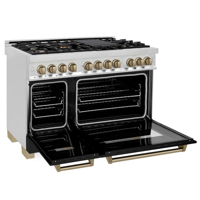 ZLINE Autograph Edition 48 in. 6.0 cu. ft. Legacy Dual Fuel Range with 7 Burner Gas Cooktop and 2 Electric Ovens in Stainless Steel with Black Matte Doors and Champagne Bronze Accents (RAZ-BLM-48-CB)