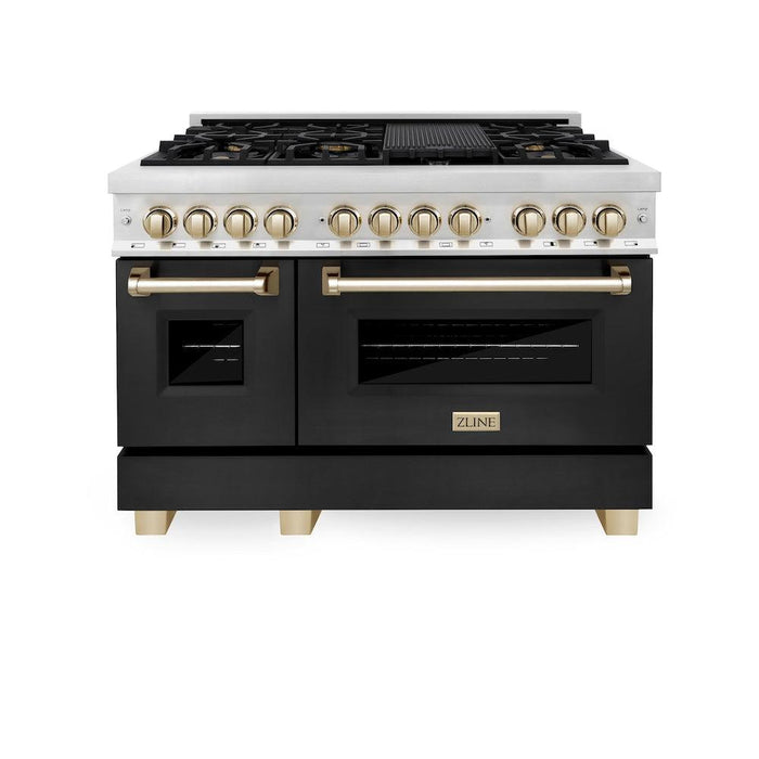 ZLINE Autograph Edition 48 in. 6.0 cu. ft. Legacy Dual Fuel Range with 7 Burner Gas Cooktop and 2 Electric Ovens in Stainless Steel with Black Matte Doors and Polished Gold Accents (RAZ-BLM-48-G)