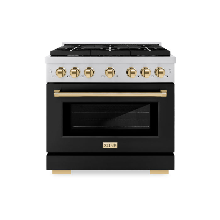 ZLINE Autograph Edition 36 in. 5.2 cu. ft. Paramount Dual Fuel Range with 6 Burner Gas Cooktop and Electric Convection Oven in Stainless Steel with Black Matte Door and Polished Gold Accents (SDRZ-BLM-36-G)