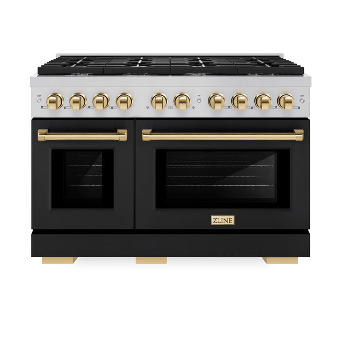 ZLINE Autograph Edition 48 in. 6.7 cu. ft. Paramount Double Oven Dual Fuel Range with 8 Burner Gas Cooktop in Stainless Steel with Black Matte Doors and Polished Gold Accents (SDRZ-BLM-48-G)