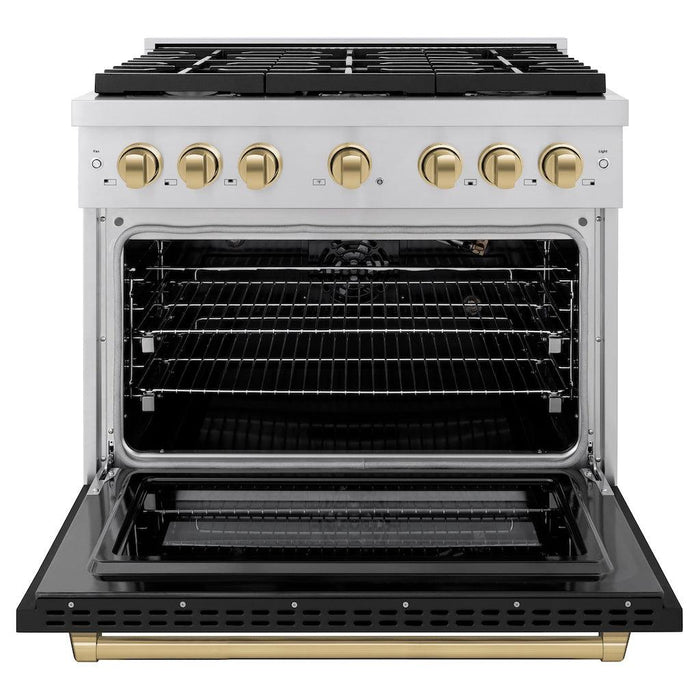 ZLINE Autograph Edition 36 in. 5.2 cu. ft. Paramount Gas Range with 6 Burner Cooktop and Convection Gas Oven in Stainless Steel with Black Matte Door and Champagne Bronze Accents (SGRZ-BLM-36-CB)