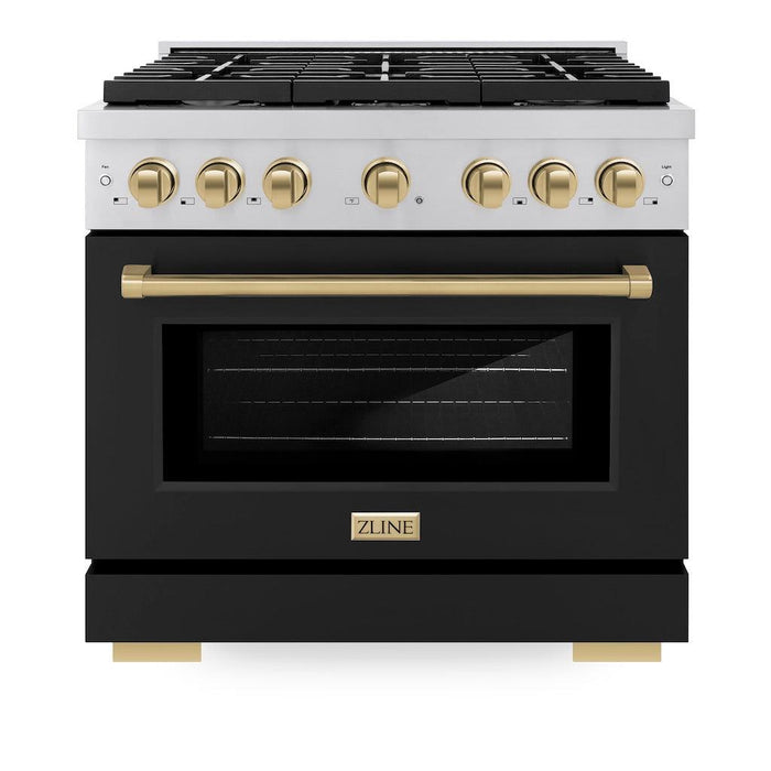 ZLINE Autograph Edition 36 in. 5.2 cu. ft. Paramount Gas Range with 6 Burner Cooktop and Convection Gas Oven in Stainless Steel with Black Matte Door and Champagne Bronze Accents (SGRZ-BLM-36-CB)